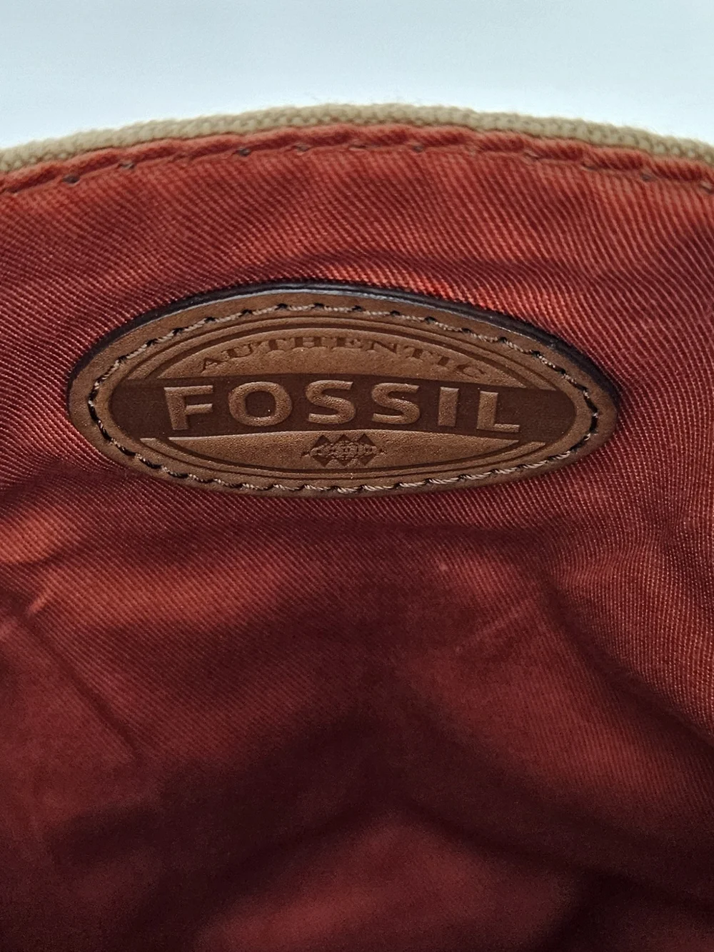 Canvas Fossil Crossbody Messenger Bag - Tan with Brown Faux Leather Trim